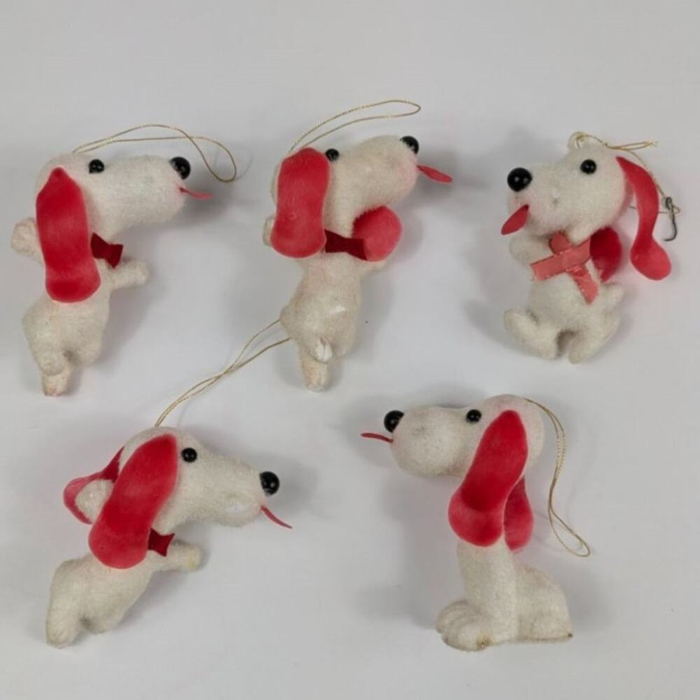 5 Vintage White Felted Snoopy Style Dog Christmas Tree Ornament Ears Tongue RARE